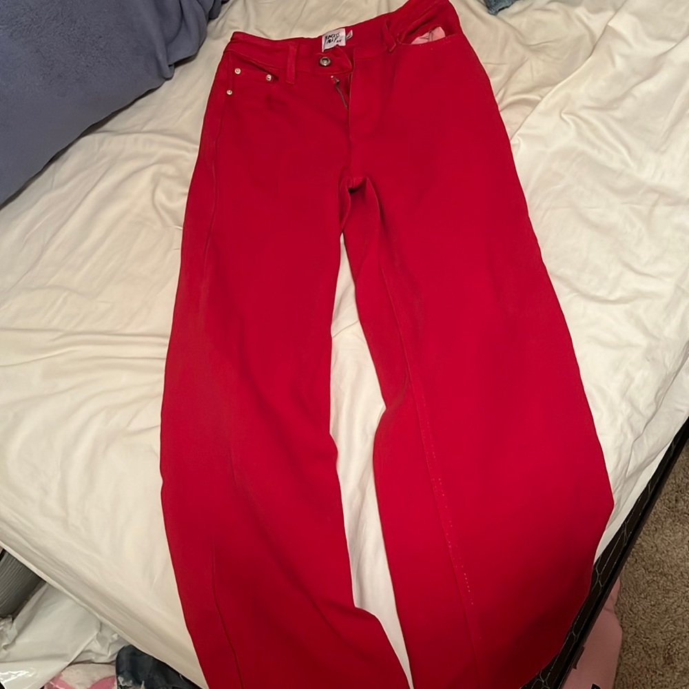 red flare jeans